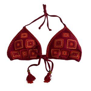 NWT WET Swimwear Sofia Embroidered Triangle Bikini Top w/ Tassels in Red